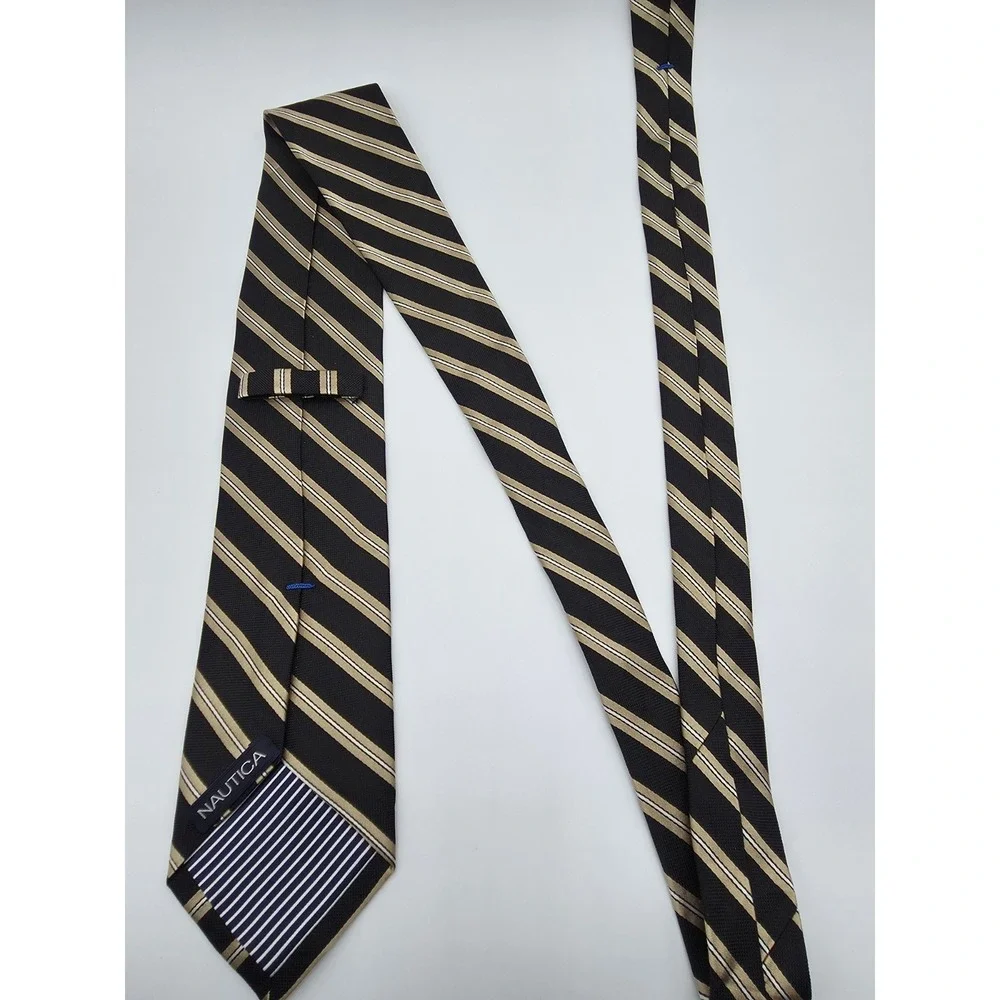 Vintage Nautica Tie Mens Gold Black Silk Striped Necktie 58